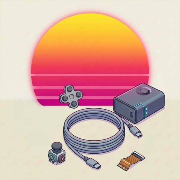 Gaming accessories including controller, HDMI cable, and mini camera with sunset background.