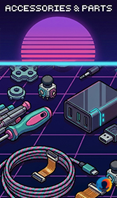Collection of gaming accessories including controllers, cables, and adapters for arcade enthusiasts.