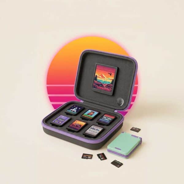 Vintage gaming console with cartridges and case on a retro sunset background.