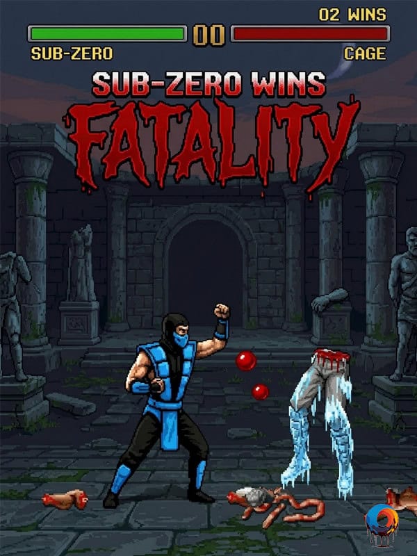 Sub-Zero Fatality — pixel art illustration of Mortal Kombat's iconic finishing move