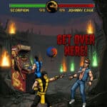 Pixel art arcade game with characters fighting and flames in background.