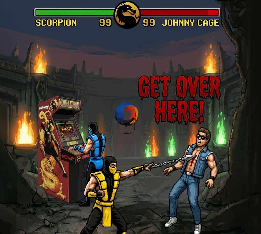 Pixel art arcade game with characters fighting and flames in background.