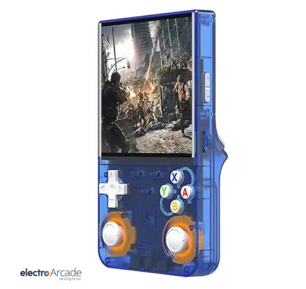Blue retro handheld console with colorful buttons and screen display.
