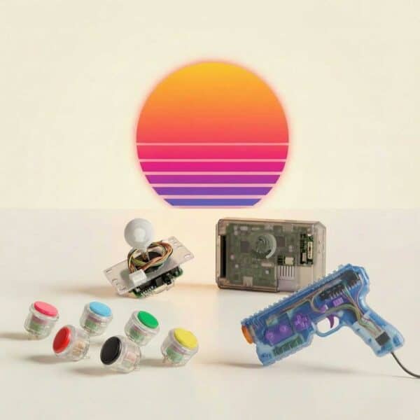 Retro handheld gaming console with colorful game cartridges and circuit board.