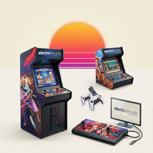 Two mini arcade machines with controllers and monitor for gaming fun.