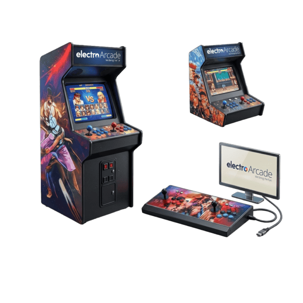 Two retro arcade machines with colorful designs and a custom arcade controller with monitor.