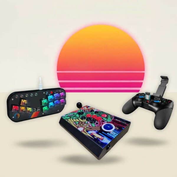 Gaming console with colorful controllers and a gamepad on a white background.