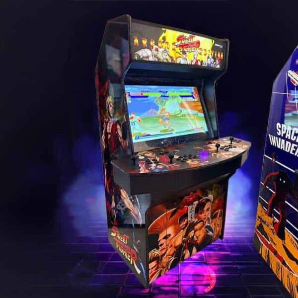 Four-player arcade game machine with colorful Street Fighter artwork.