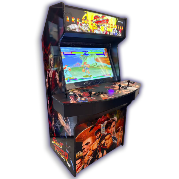 Four-player arcade game machine with colorful Street Fighter artwork.