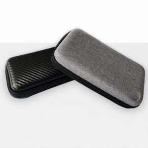 Durable protective case with carbon fiber design and fabric cover for electronics.