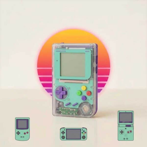 Vintage handheld gaming device with colorful buttons and screen.