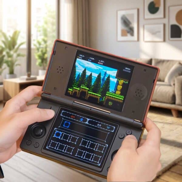 Person playing retro Nintendo DS with classic platform game on the screen.