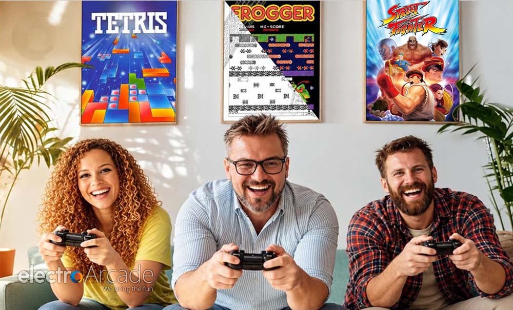 retro-gaming-at-home-with-friends-1000x605 Three friends playing video games together in a living room.
