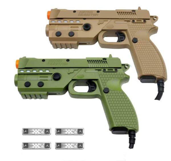 Two Reaper light guns in tan and green with four targets for arcade gaming.