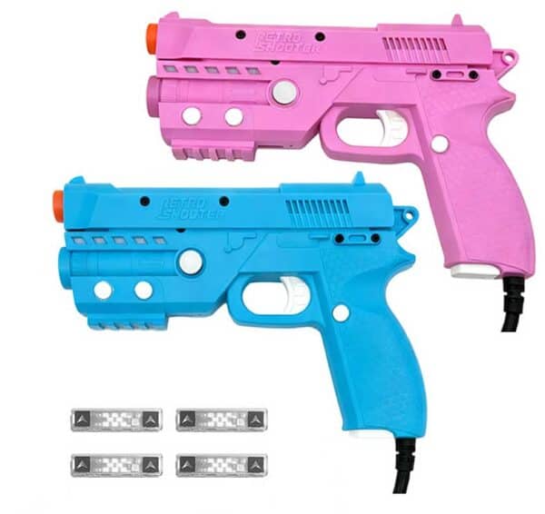 Colorful laser tag guns for arcade gaming with four targets included.