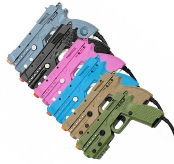 Set of six colorful Reaper Light Guns for arcade gaming and entertainment.