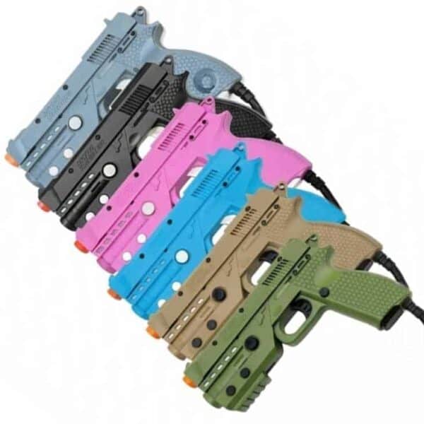 Set of six colorful Reaper Light Guns for arcade gaming and entertainment.